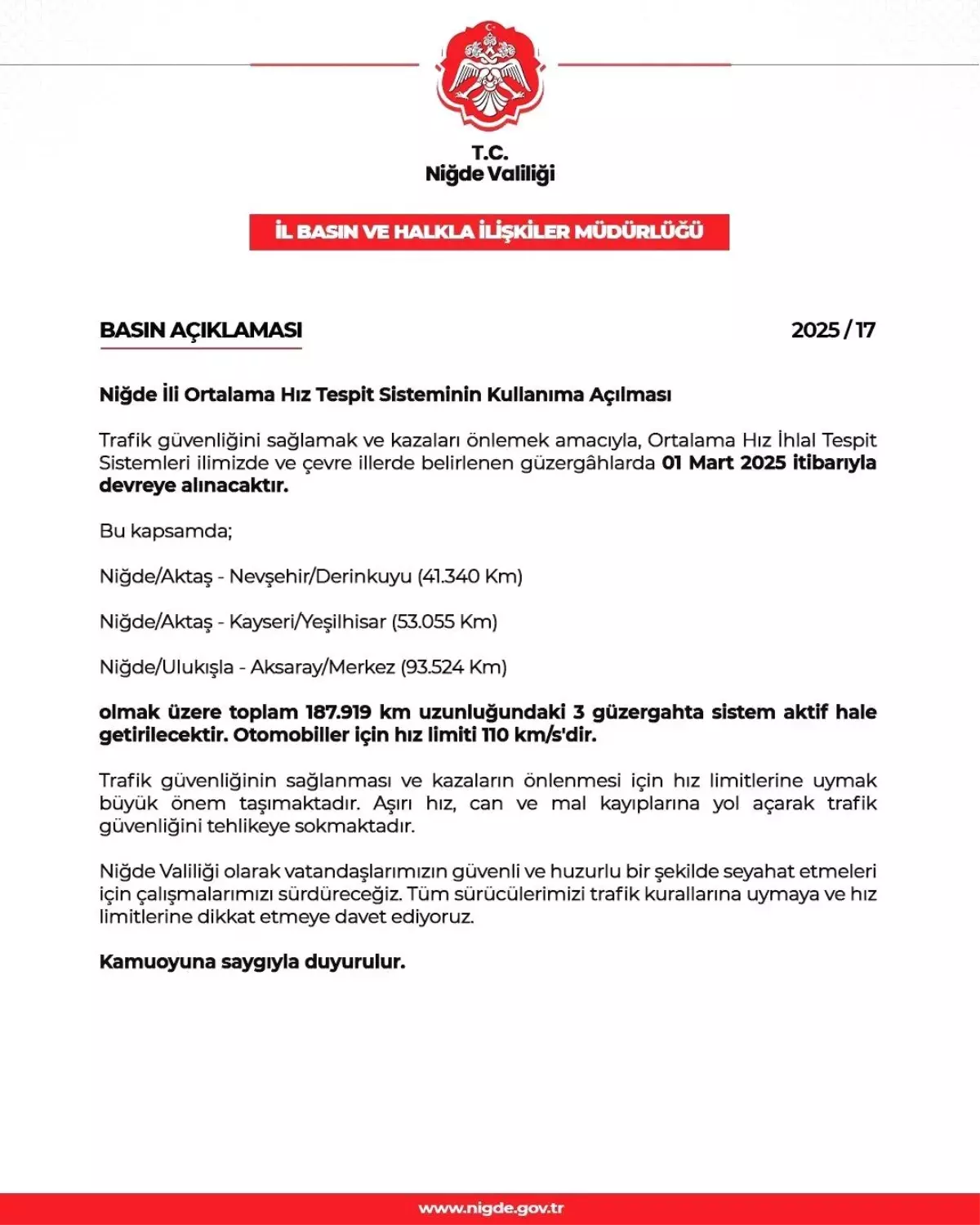 Niğde’de Hız Kontrol Sistemi Başlıyor